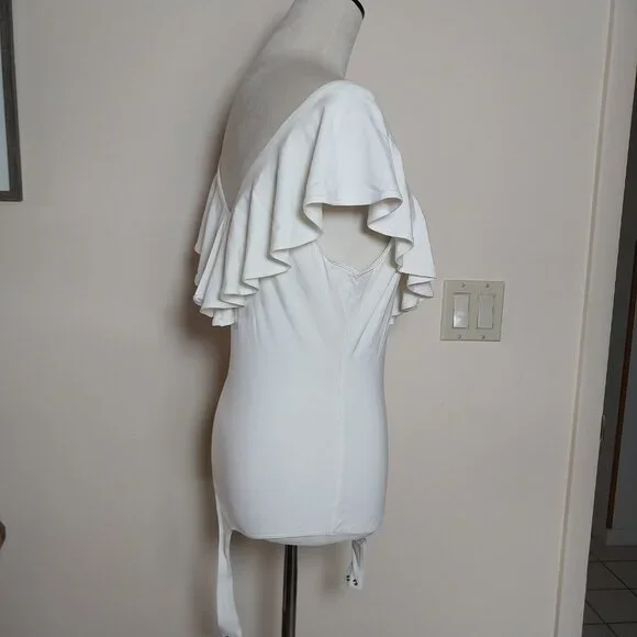 LITTLE BLACK BODYSUIT SIZE L CREAM WHITE This OFF SHOULDER RUFFLE THONG BODYSUIT - Picture 6 of 12